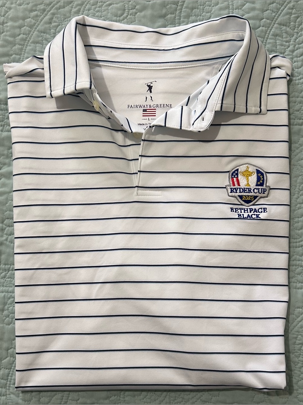 Fairway & Greene White Polo with Navy Stripes and Ryder Cup Embroidery